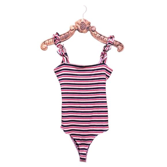 Reformation Hampton Stripe Ribbed Bodysuit Square Neckline Ruffle Straps Medium - Picture 1 of 10
